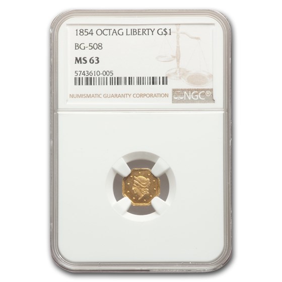 1854 Liberty Octagonal One Dollar Gold MS-63 NGC (BG-508) 1854 Liberty Octagonal One Dollar Gold MS-63 NGC (BG-508)